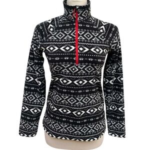 Eddie Bauer Black and White Printed Fleece Pullover Red Zipper Women's Size XS